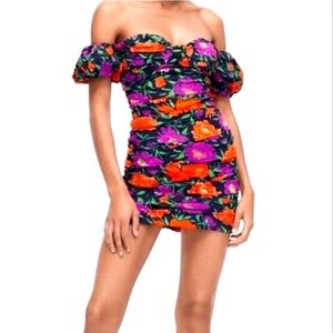 Zara floral off the shoulder ruched mini dress XS